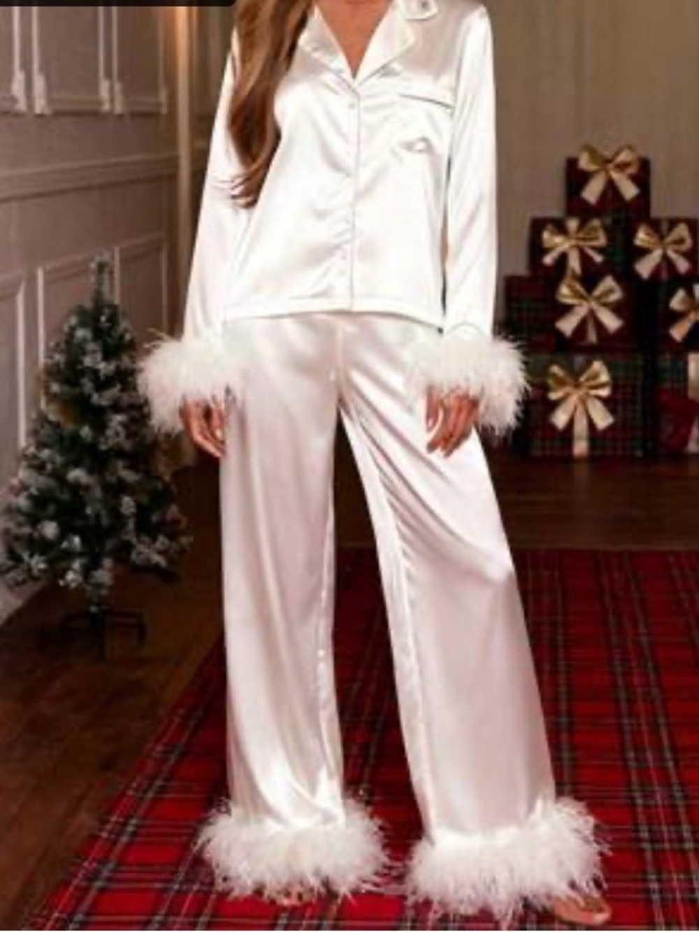 SHEIN White Satin Feather-Trim Pajama Set